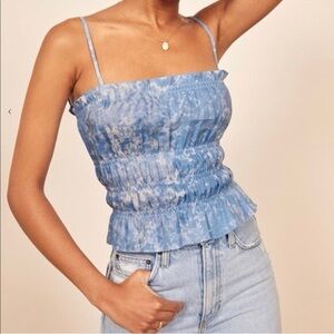 Reformation XS Gia 100% linen blue cloud convertible ruched top